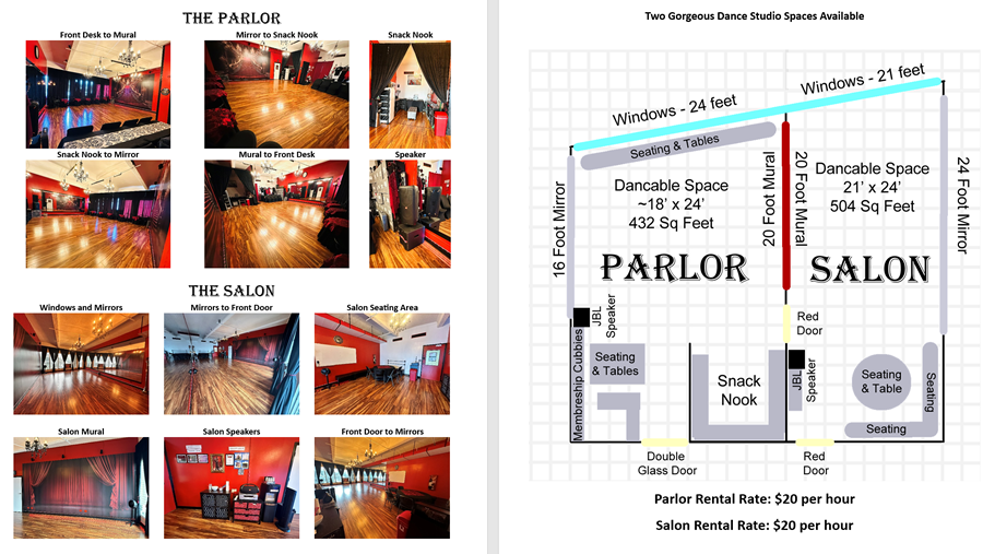 Image with photos both the Parlor and the Salon as well as a diagram showing the dimensions of the rooms.